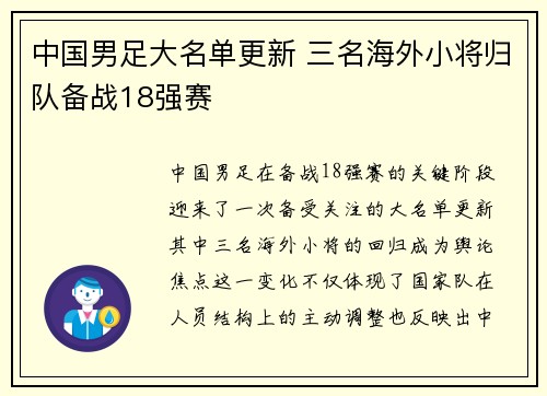 中国男足大名单更新 三名海外小将归队备战18强赛 中国男足大名单更新 三名海外小将归队备战18强赛