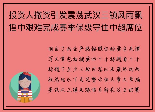 投资人撤资引发震荡武汉三镇风雨飘摇中艰难完成赛季保级守住中超席位
